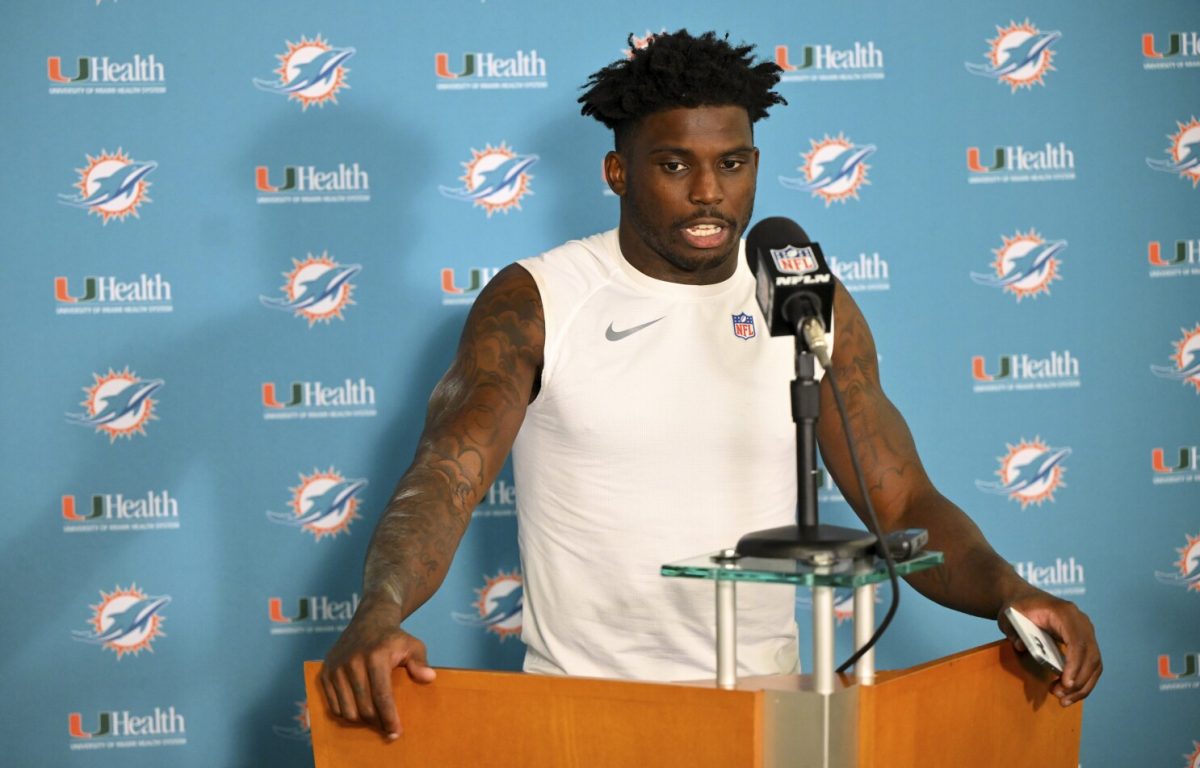 Tyreek Hill speaks at a press conference after a game against the Cleveland Browns