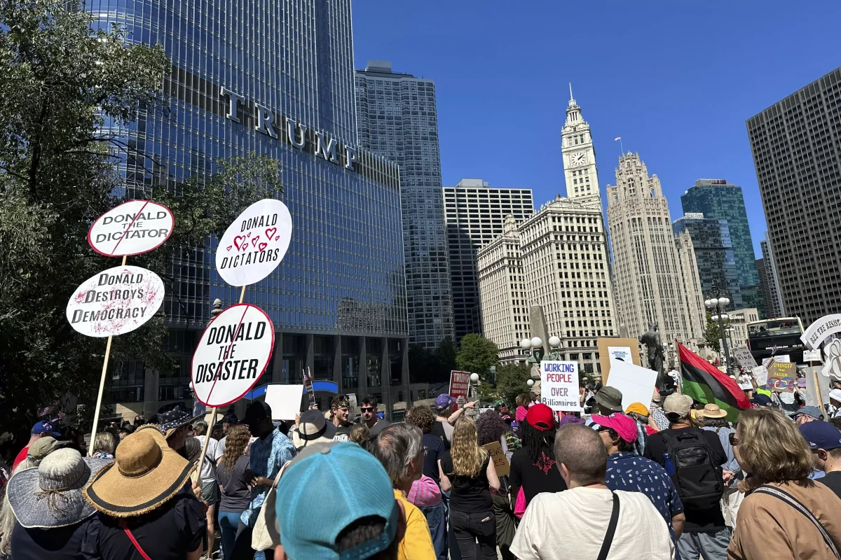 Protestors outside of the Trump Tower in Chicago. 