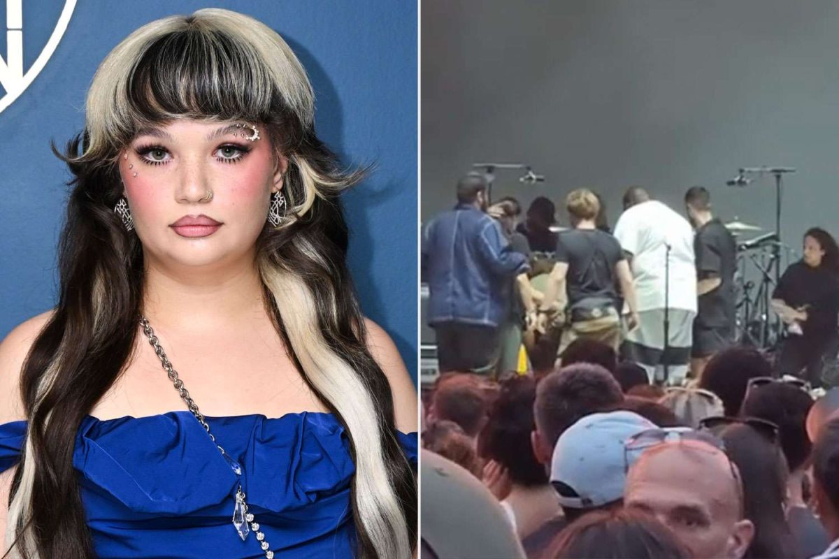  A picture of Lola Young on the red carpet alongside a photo of her passed out on stage.