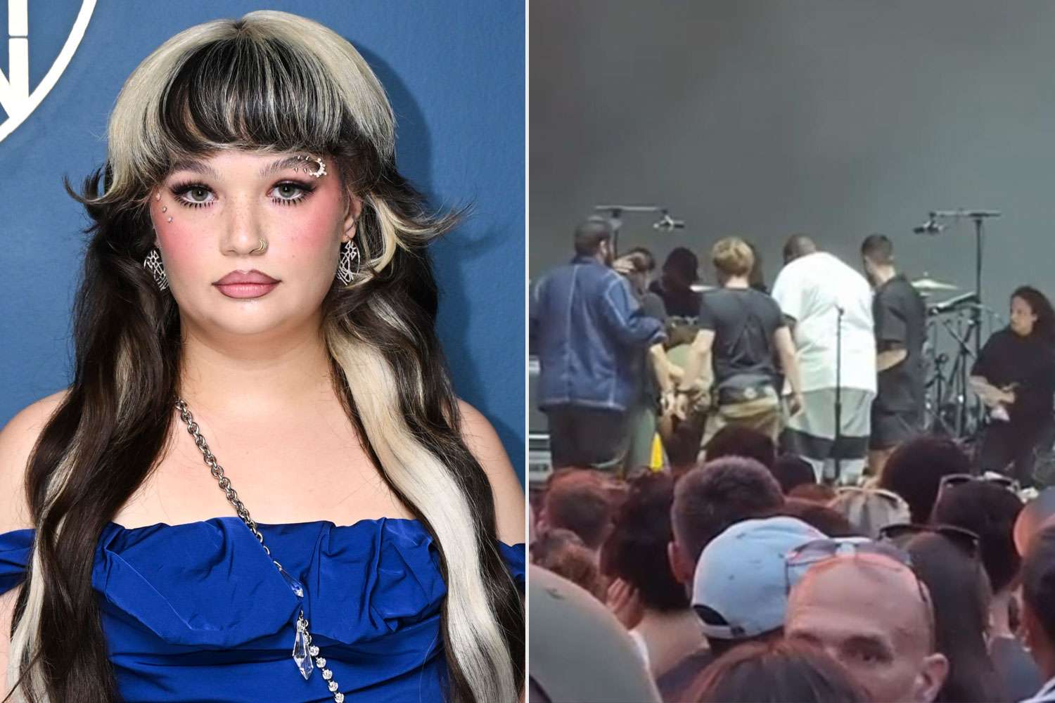  A picture of Lola Young on the red carpet alongside a photo of her passed out on stage.