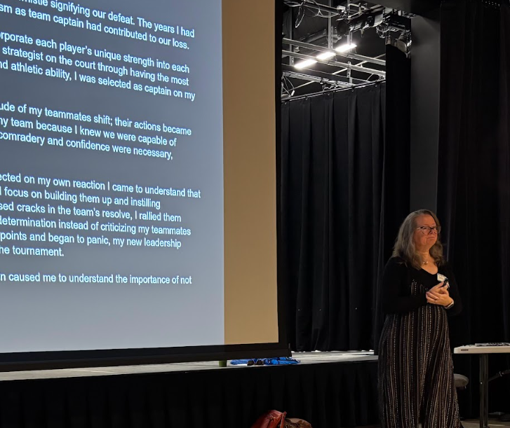 Cuesta College English Professor Sally Demarest gives a presentation on college essays.
