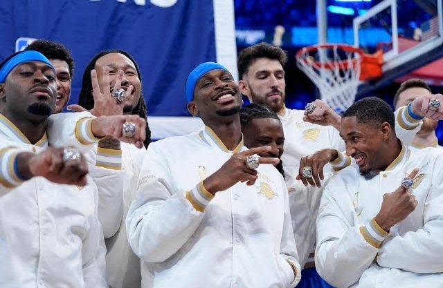 Thunder ring ceremony as they raise their first banner against the Rockets in home opener.