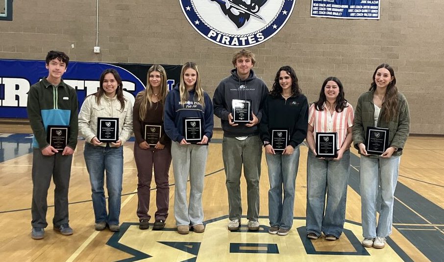 Caption: MBHS Platinum Pirate Award Winners (Left to Right): Joaquin Cuellar, Aleya Paul, Abbie Leitner-Woolf, Lake Sayers, Evan Davis, Wendy Wilson, Sammy Nishihama, and Alana Shields (Credit: Scott Schalde)
