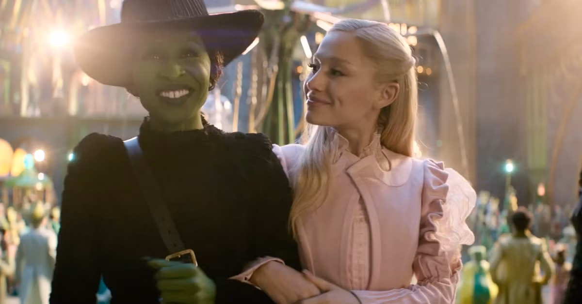 Elphaba [Cynthia Erivo] and Glinda [Ariana Grande] going arm and arm during the Wicked 2 movie. (Credit: Wicked: For Good Movie)