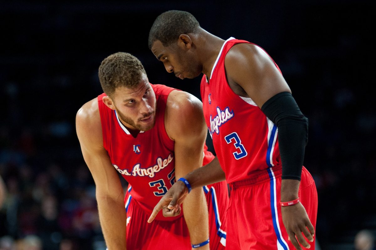 Chris Paul directs his teammate, Blake Griffin, on a dead ball (Source: Getty Images)
