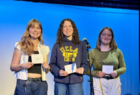 The top three placers of Poetry Outloud. Emerson Jacquay, Astrid Barnett-Davis, and Dian Lewis (Left to right). (Source: MBHS Friday update)
