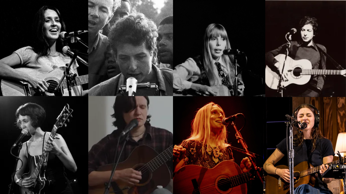 Various 60s' folk musicians contrasted with 21st-century folk musicians.