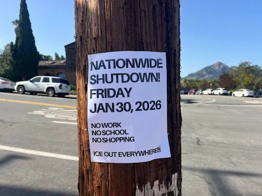 Nationwide shutdown poster for the ICE protest (Photo Credit: Everlynn Dionne Mustang News)

