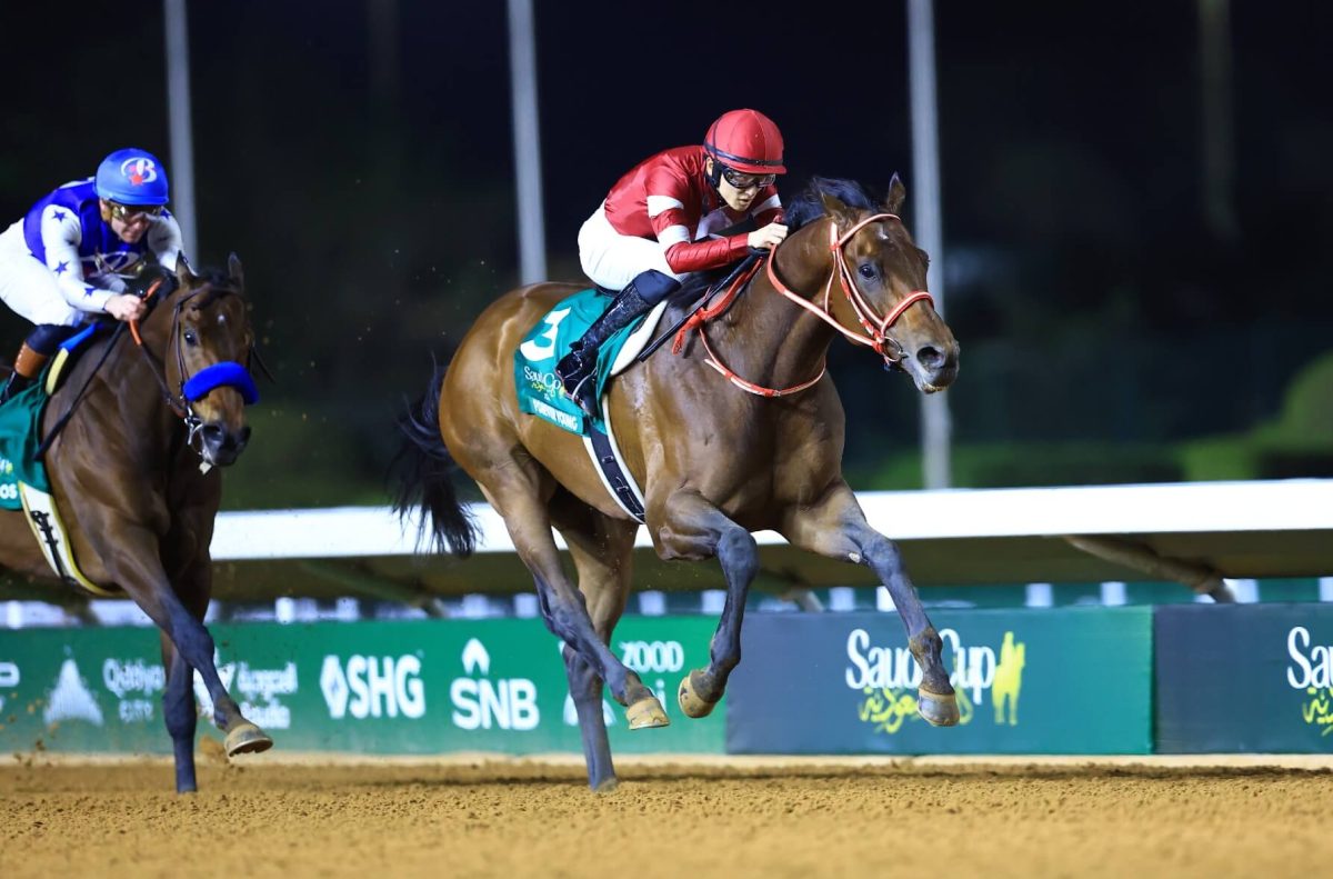  Forever Young runs in front of Nysos during the homestretch of the 2026 Saudi Cup.


