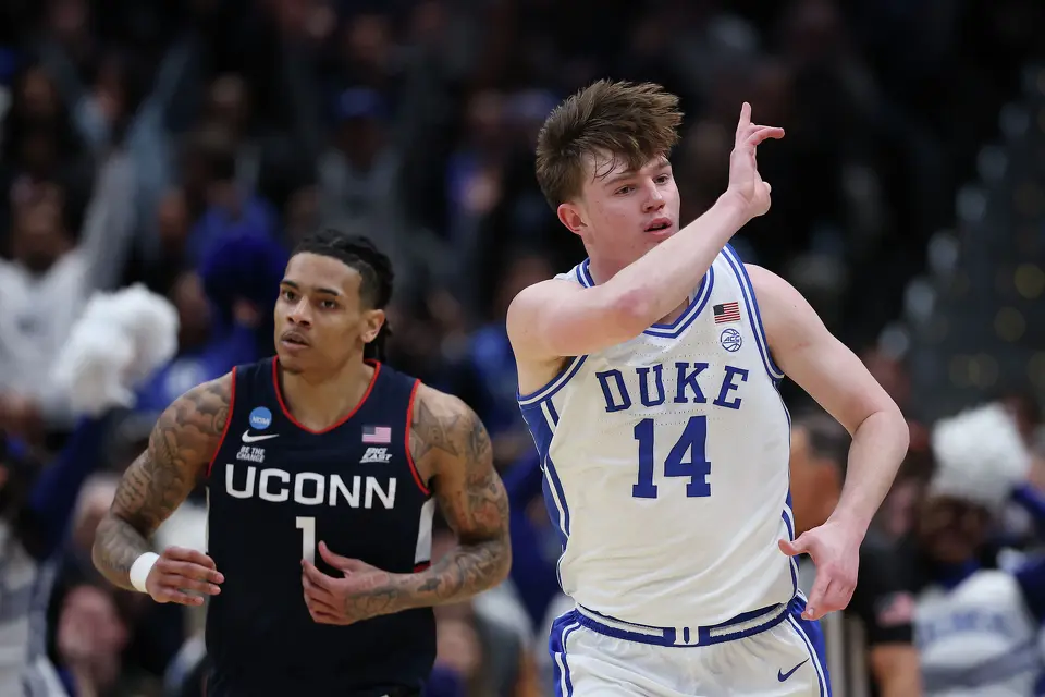 Nikolas Khamenia of the Duke Blue Devils reacts against the UConn Huskies.