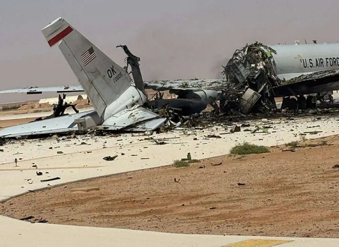 The damaged E-3 plane at Prince Sultan Air Base in Saudi Arabia. (Source: Air Force AMN/NCO/SNCO via Facebook)