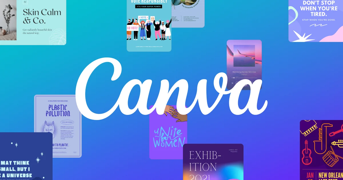 Canva logo with images in the background of templates you can use through the platform.