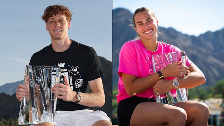 Aryna Sabalenka and Jannik Sinner holding their cups. 