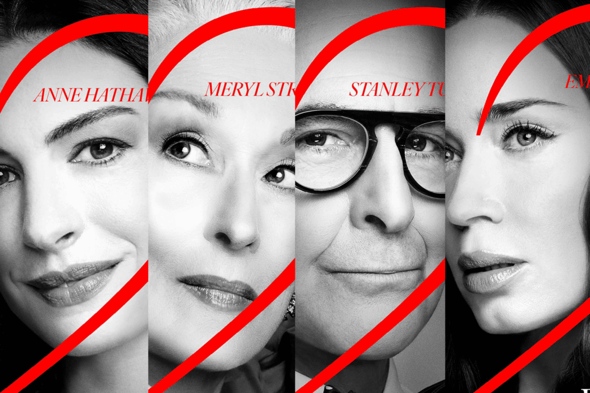 Anne Hathaway, Meryl Streep, Stanley Tucci, and Emily Blunt in character posters for “The Devil Wears Prada 2.”[Images: 20th Century Studios]
