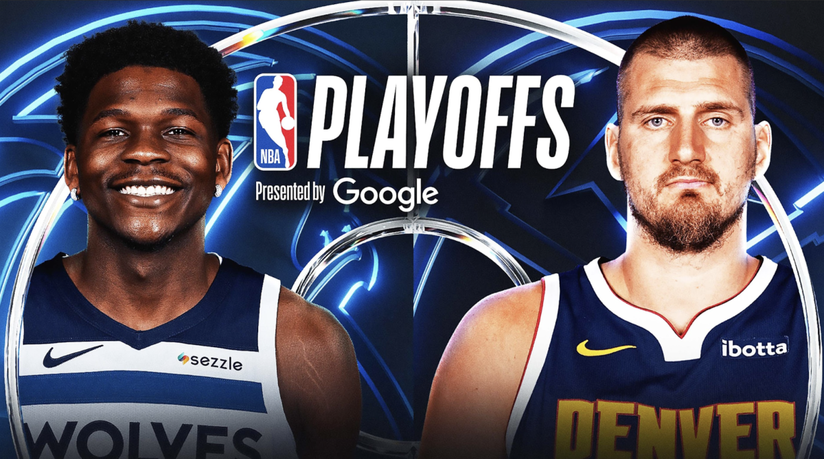 Denver’s and Minnesota’s star players, Nikola Jokic and Anthony Edwards, appear on an NBA playoff graphic to advertise the series (Source: Denver Weekly News) 