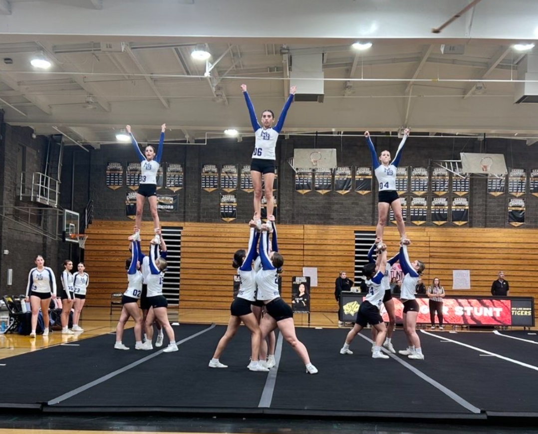 Girls stunt performing one of their more simple pyramids.
